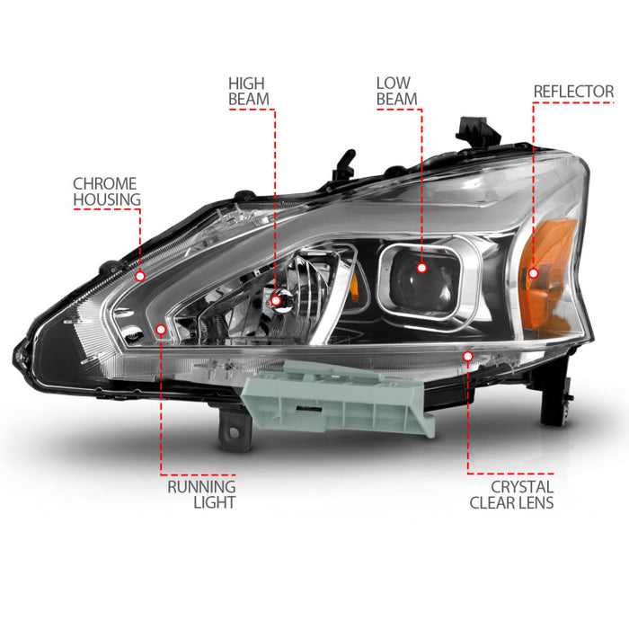 ANZO 13-15 Nissan Altima (sans ampoules HID d'usine) Phares de projecteur - avec boîtier chromé de barre lumineuse