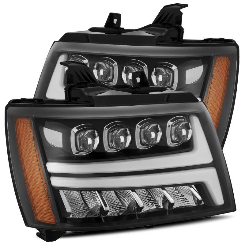 Phares à LED AlphaRex 07-13 Chevy Avalanche NOVA Project, style planche, noir brillant avec éclairage actif/DRL