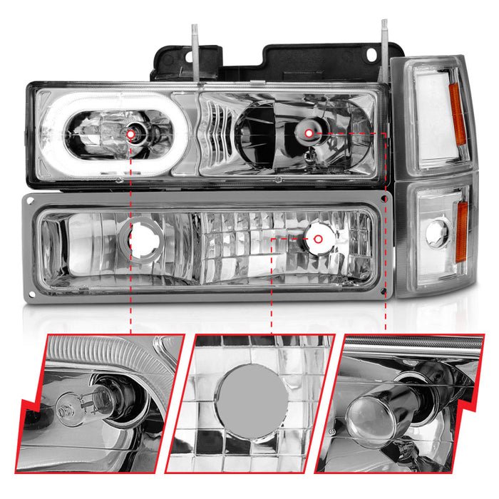 Phares en cristal ANZO 88-98 Chevrolet C1500 avec boîtier chromé et feux de position latéraux