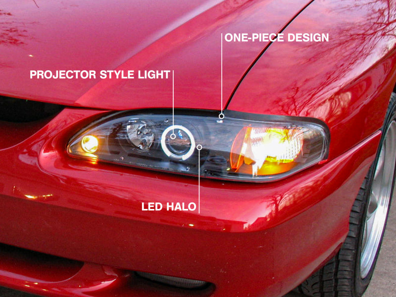 Raxiom 94-98 Ford Mustang LED Halo Projector Headlights- Black Housing (Smoked Lens)