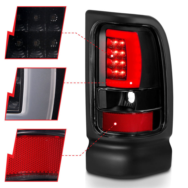 Feux arrière à LED ANZO 1994-2001 Dodge Ram 1500 style planche noir avec lentille transparente