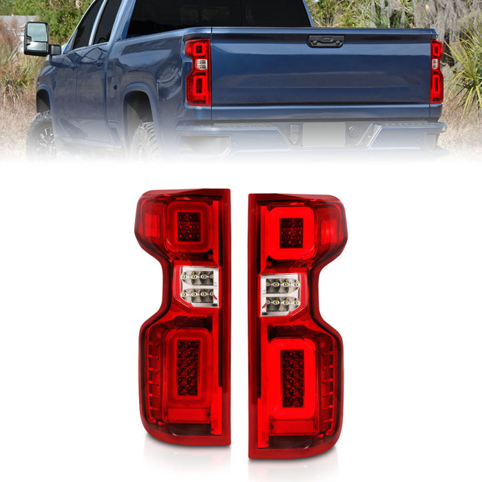 Feux arrière à LED Anzo 19-21 Chevy Silverado avec boîtier chromé et lentille rouge/transparente G2 (avec barres lumineuses C)