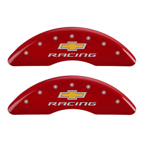 MGP 4 Caliper Covers Engraved Front & Rear Chevy Racing Red Finish Silver Char 2016 Chevrolet Camaro