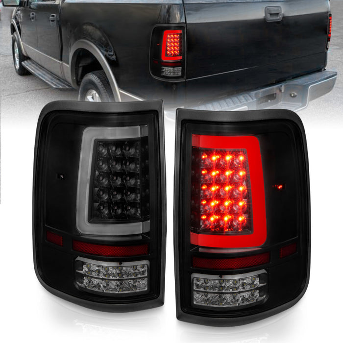 Feux arrière à LED ANZO 2004-2006 Ford F-150 avec barre lumineuse, boîtier noir, lentille fumée