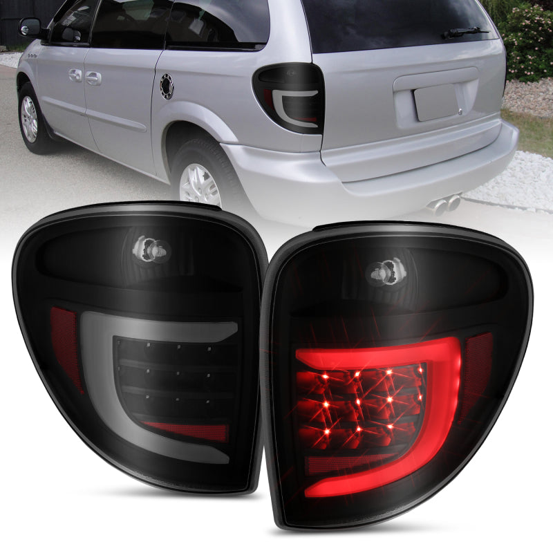 ANZO 2004-2007 Dodge Grand Caravan Feux arrière à LED avec barre lumineuse Boîtier noir Lentille fumée
