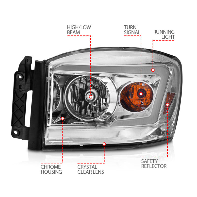 Phares Anzo 06-09 Dodge RAM 1500/2500/3500 Boîtier chromé/lentille transparente (avec barres lumineuses Switchback)