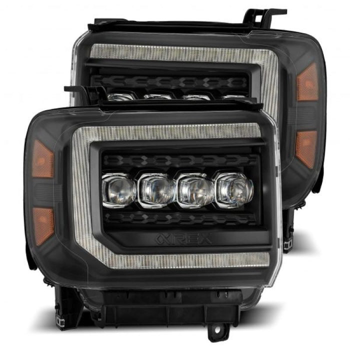 Phares à LED AlphaRex 14-18 GMC Sierra NOVA de style planche, noir avec éclairage actif/signal séquentiel/DRL