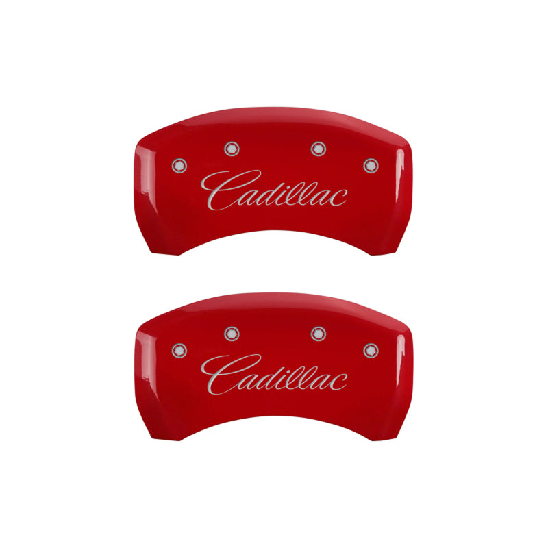 MGP 4 Caliper Covers Engraved Front & Rear Cursive/Cadillac Red Finish Silver Characters