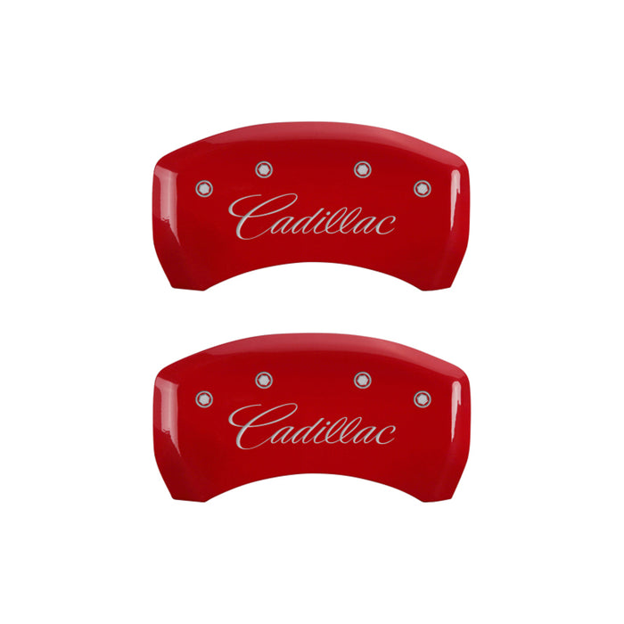 MGP 4 Caliper Covers Engraved Front & Rear Cursive/Cadillac Red Finish Silver Characters