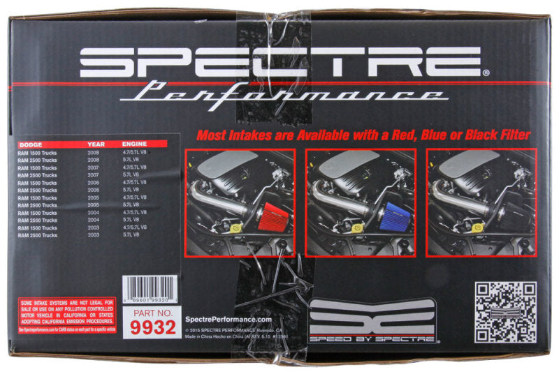 Kit d'admission d'air Spectre 03-08 Dodge RAM 1500/2500 V8-4.7/5.7LF/I - Anodisé transparent avec filtre rouge