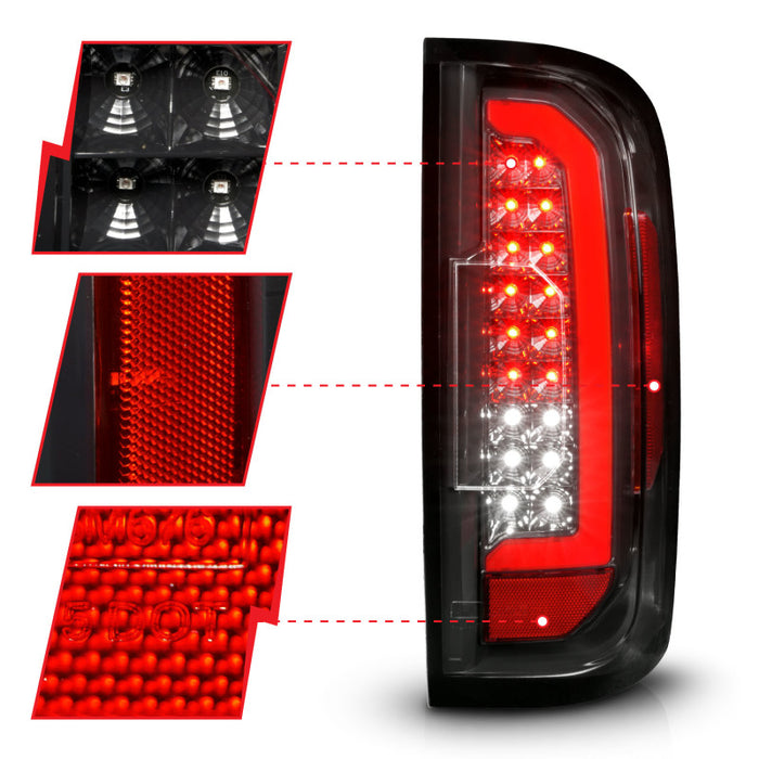 Feux arrière à LED ANZO 15-21 GMC Canyon avec barre lumineuse rouge, boîtier noir/lentille transparente