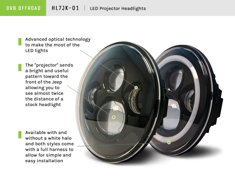 Phares de projecteur à LED DV8 Offroad 07-18 Jeep Wrangler JK