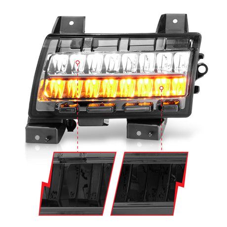 Marqueurs latéraux à LED ANZO 2018-2021 Jeep Wrangler, boîtier chromé, lentille fumée avec ampoule de signalisation Seq. Sport
