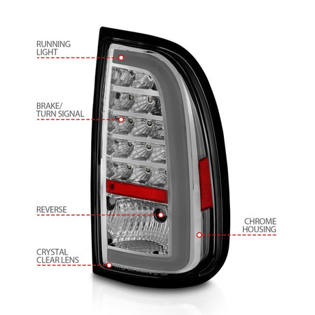 Feux arrière à LED ANZO 00-06 Toyota Tundra avec barre lumineuse, boîtier chromé, lentille transparente