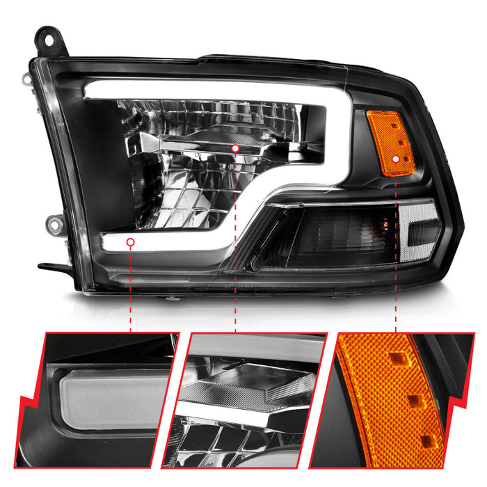 ANZO 2009-2020 Dodge Ram 1500 Phares de projecteur carrés entièrement à LED avec boîtier chromé Noir Ambre