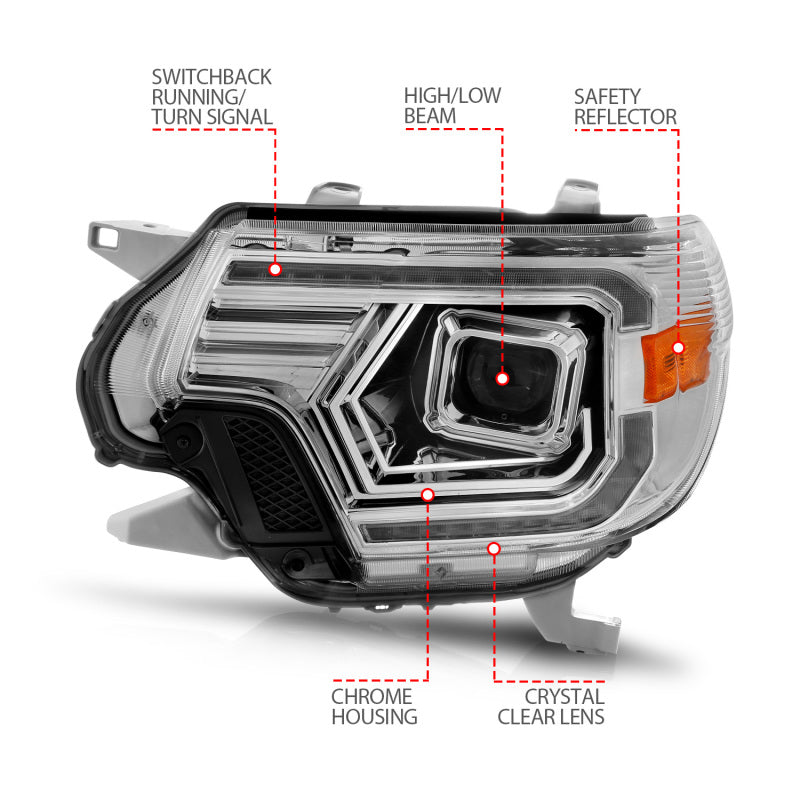 Phares de projecteur ANZO 12-15 Toyota Tacoma - avec boîtier chromé à interrupteur de barre lumineuse