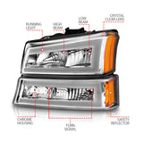 Phares en cristal ANZO 2003-2006 Chevrolet Silverado 1500 avec boîtier chromé pour barre lumineuse