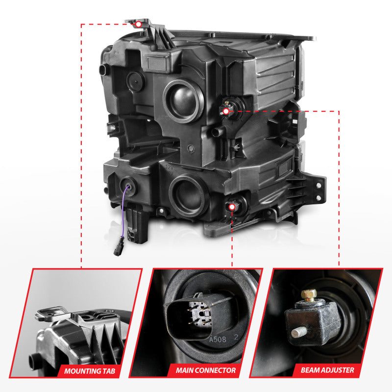 ANZO 19-22 Chevrolet Silverado 1500 LED Proj HL avec barre lumineuse SwBk Seq. Blk avec éclairage d'appoint - Côté conducteur allumé