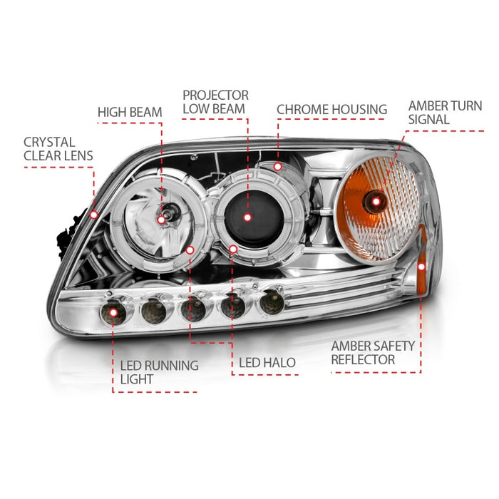 Phares de projecteur ANZO 1997.5-2003 Ford F-150 avec halo et LED chromés 1 pièce