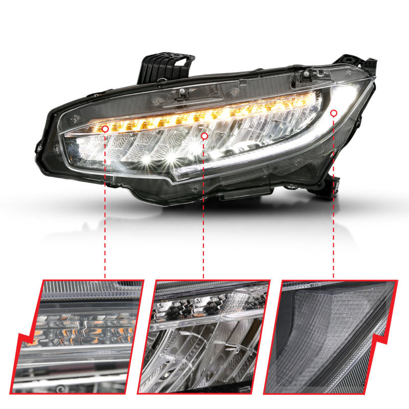 Phares de projecteur ANZO 16-17 Honda Civic Style Plank Noir avec clignotant ambre/séquentiel
