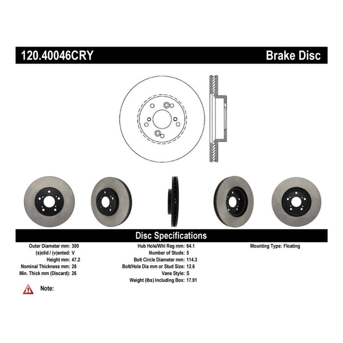 Rotor CRYO avant hautes performances Stoptech pour Acura TSX 04-10 / CL 01-03 / MDX 01-06 / Accord 05-10 SEDAN