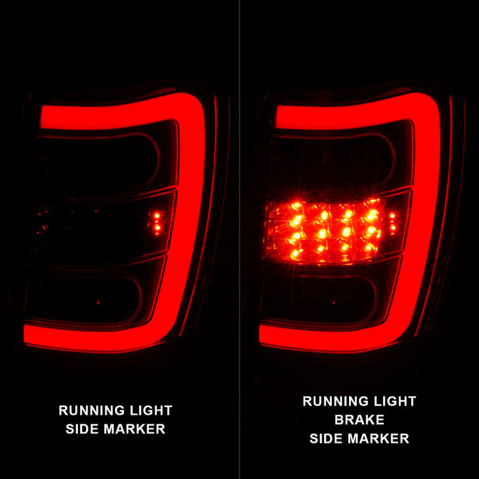 Feux arrière à LED ANZO 1999-2004 Jeep Grand Cherokee avec barre lumineuse, boîtier chromé, lentille rouge/transparente