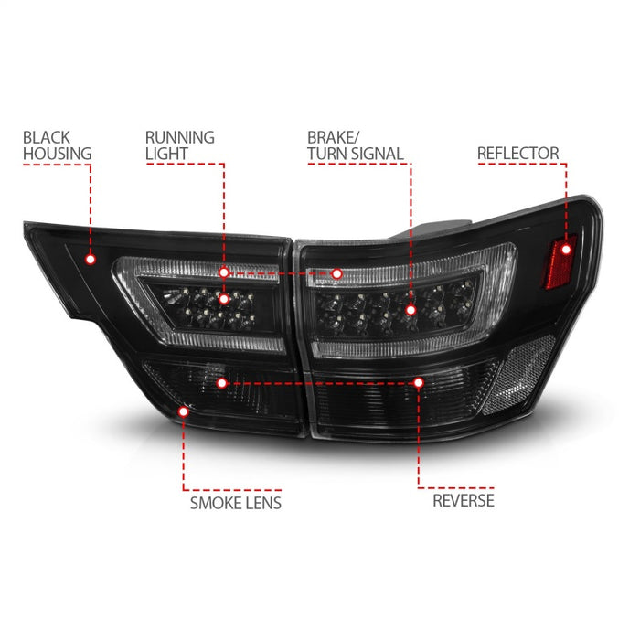 Feux arrière à LED ANZO 11-13 Jeep Grand Cherokee avec barre lumineuse boîtier noir/lentille fumée 4 pièces