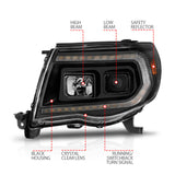 Phares de projecteur ANZO 05-11 Toyota Tacoma avec barre lumineuse Switchback boîtier noir