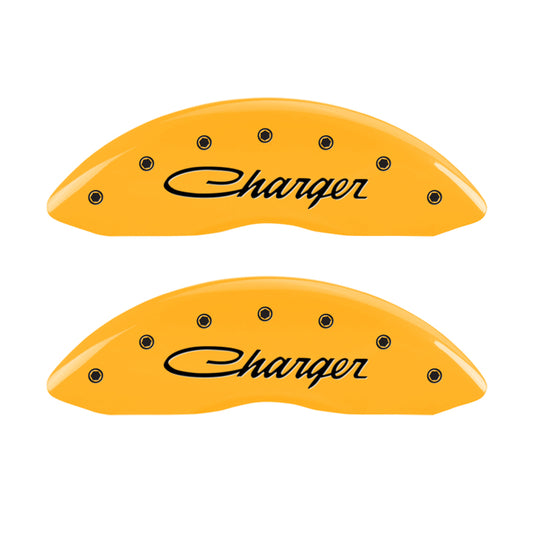 MGP 4 Caliper Covers Engraved Front & Rear 05-10 Dodge Charger R/T Yellow Finish Black Cursive Logo