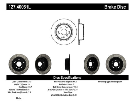 Rotor arrière gauche fendu et percé StopTech 04-08 Acura TL / 03-09 Honda Element
