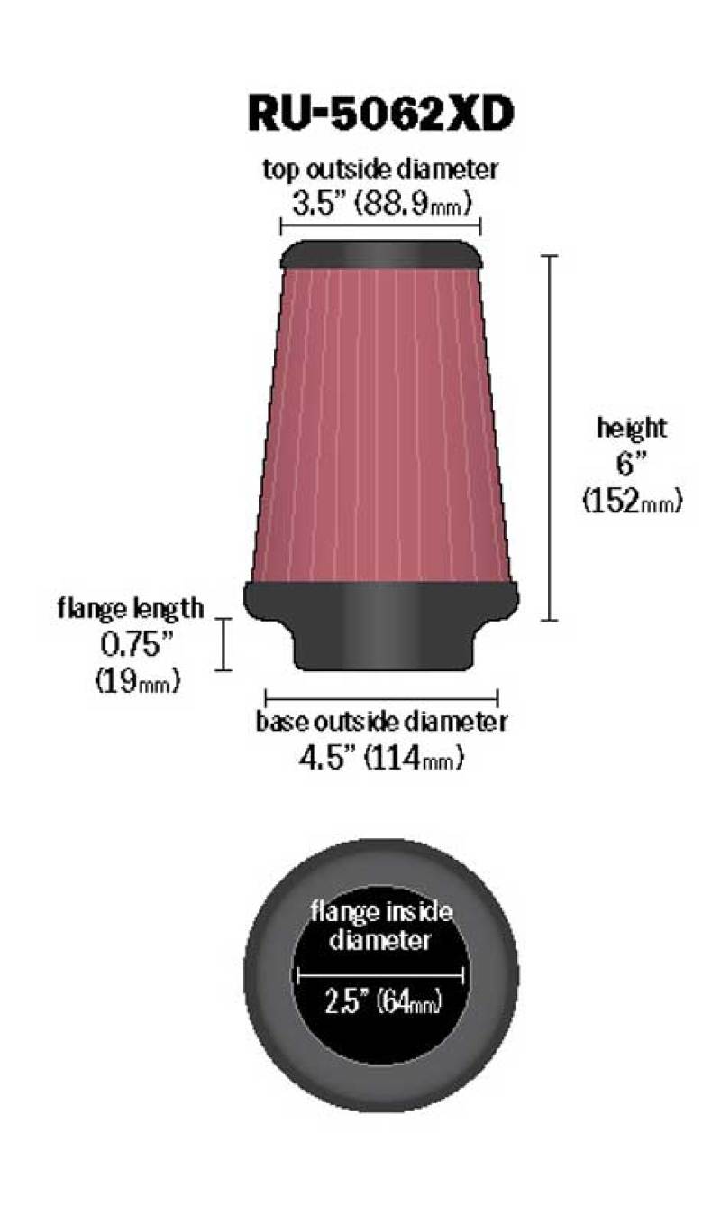 Filtre en caoutchouc universel K&amp;N 2-1/2 po Flg / 4-1/2 po OD B / 3-1/2 po OD T / 6 po H - Dessus noir
