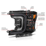 Phares de style barre de fumée à projecteur LED complet Anzo 18-20 Ford F-150 noir ambre