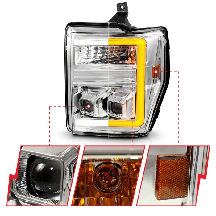 ANZO 08-10 Ford F-250 - F-550 Super Duty Phares de projecteur avec barre lumineuse Switchback Boîtier chromé