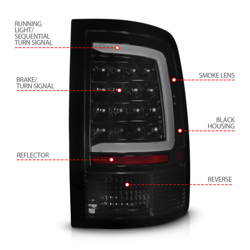 Feux arrière à LED ANZO 09-18 Dodge Ram 1500 avec boîtier noir séquentiel/lentille fumée