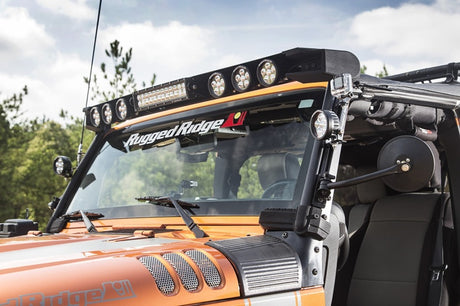 Support de barre lumineuse de pare-brise Rugged Ridge 07-18 Jeep Wrangler JK Elite Fast Track avec barre transversale