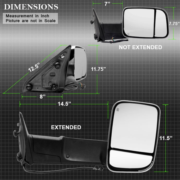 Rétroviseur chauffant extensible Xtune Dodge Ram 1500 09-12 avec boîtier chromé droit MIR-DRAM10-PW-R