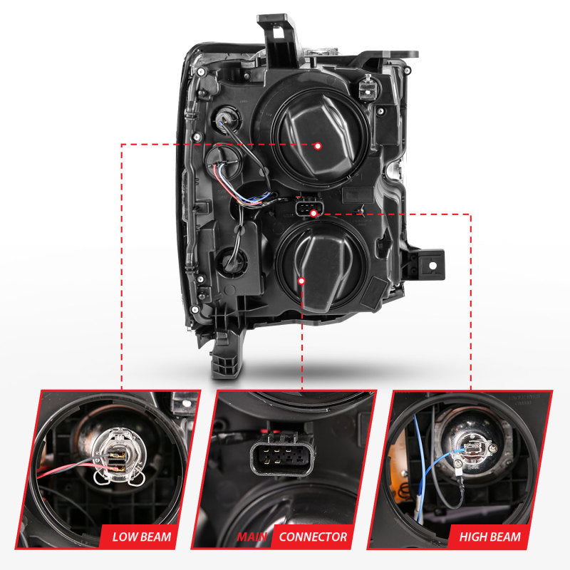 Phares de projecteur ANZO 2015-2016 Chevrolet Silverado avec design de style planche Chrome avec ambre