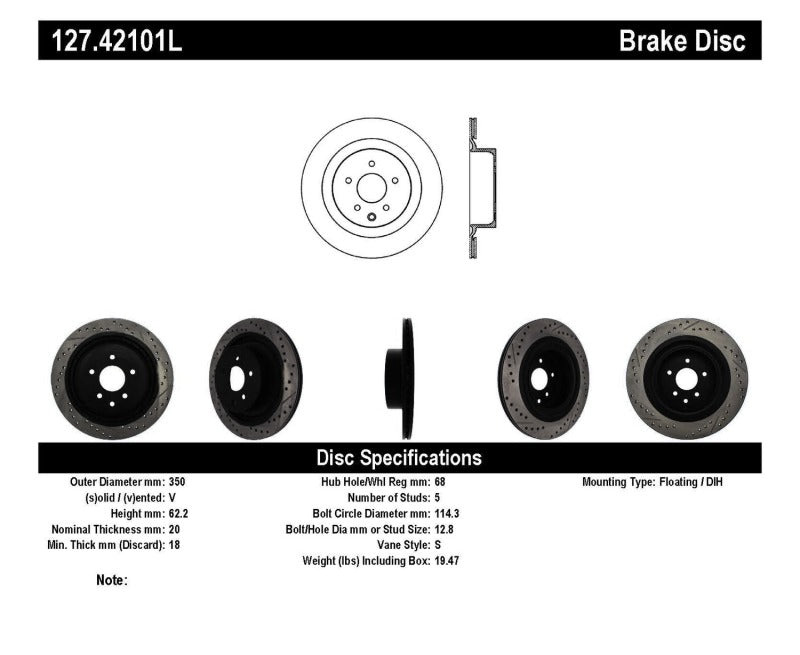 Rotor arrière gauche fendu et percé StopTech Infiniti G37 / Nissan 370Z SportStop