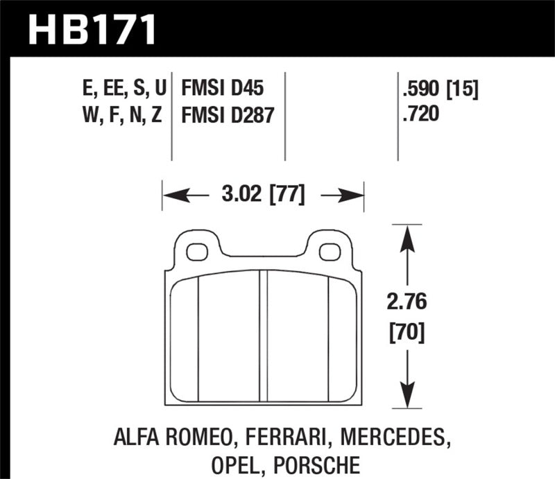 Plaquettes de frein avant de course Hawk 69-77 et 84-89 Porsche 911 DTC-70