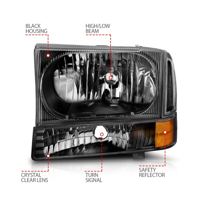 Phares avant en cristal ANZO 2000-2004 Ford Excursion Noir