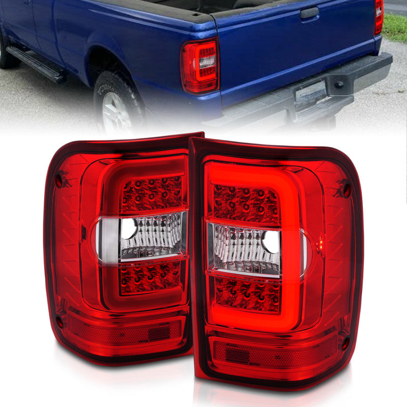 Feux arrière à LED ANZO 2001-2011 Ford Ranger avec barre lumineuse, boîtier chromé, lentille rouge/transparente