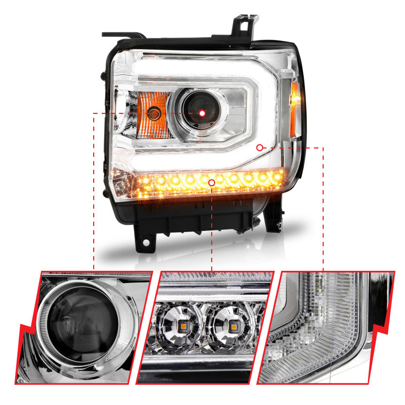 Phares de projecteur ANZO 2014-2015 Gmc Sierra 1500 avec boîtier chromé pour barre lumineuse (type halogène)