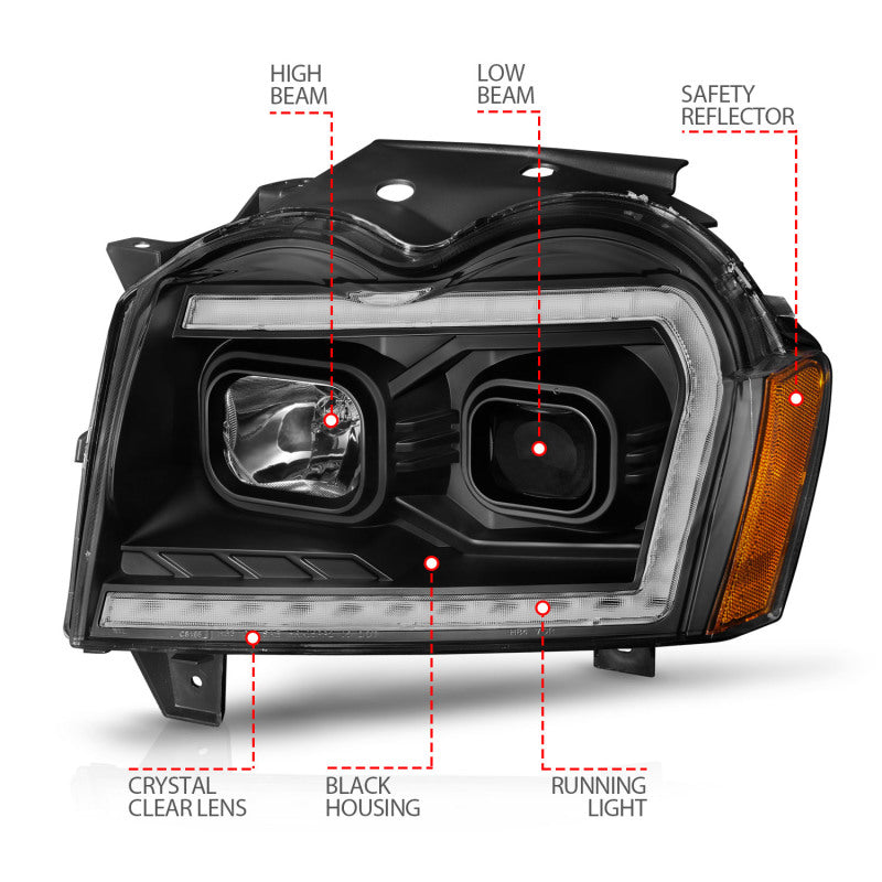 Phares de projecteur ANZO 2005-2007 Jeep Grand Cherokee avec barre lumineuse Switchback boîtier noir