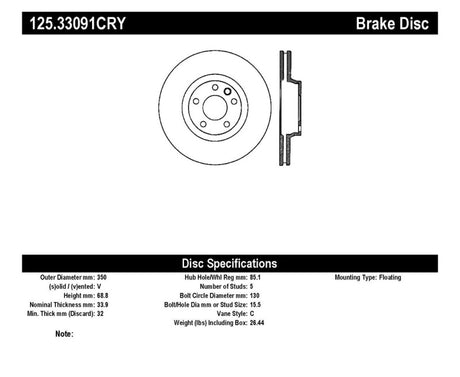 Rotor CRYO-STOP avant droit Centric Premium 03-18 Porsche Cayenne