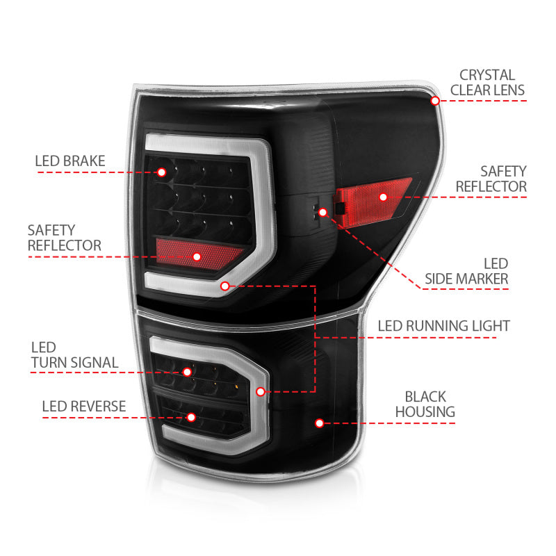 Feux arrière à LED ANZO 2007-2013 Toyota Tundra style planche noir avec lentille transparente