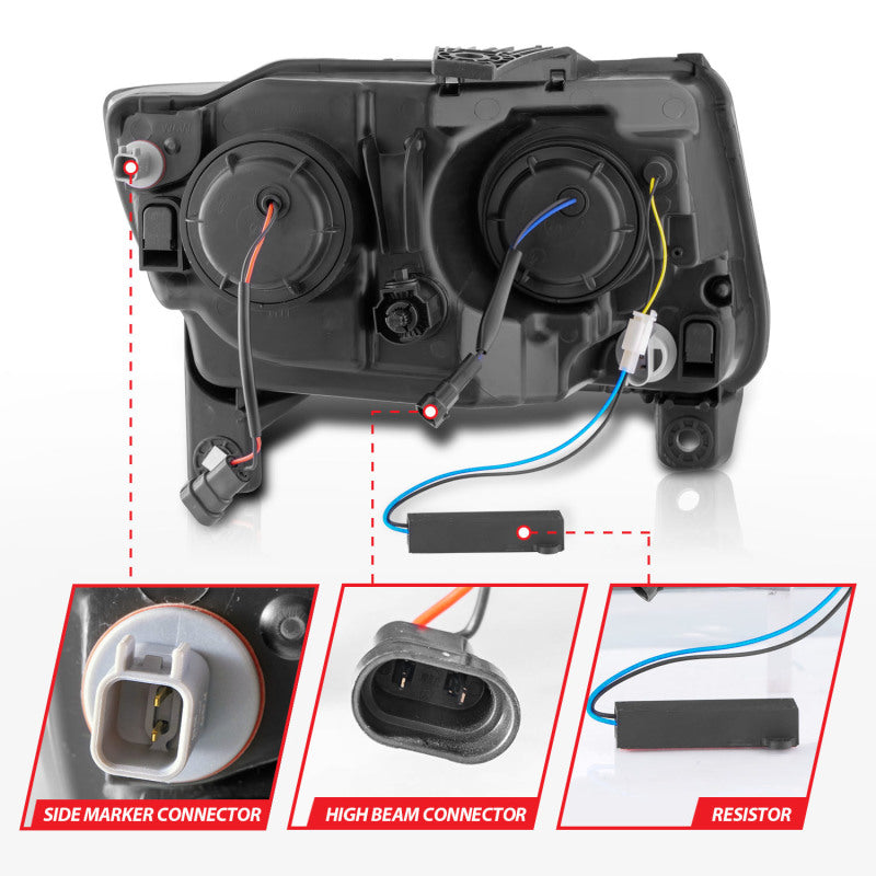 ANZO 11-13 Jeep Grand Cherokee (halogène d'usine uniquement) Phares de projecteur avec barre lumineuse Swtchbk Noir