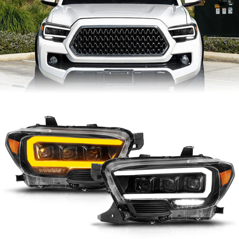Phares de projecteur à LED ANZO 16-22 Toyota Tacoma avec barre lumineuse séquentielle, boîtier noir avec initiation