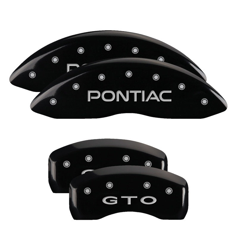 MGP 4 Caliper Covers Engraved Front Pontiac Engraved Rear GTO Black finish silver ch