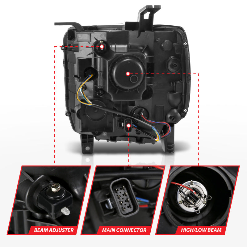 Phares de projecteur ANZO 2014-2015 Gmc Sierra 1500 avec boîtier chromé pour barre lumineuse (type halogène)