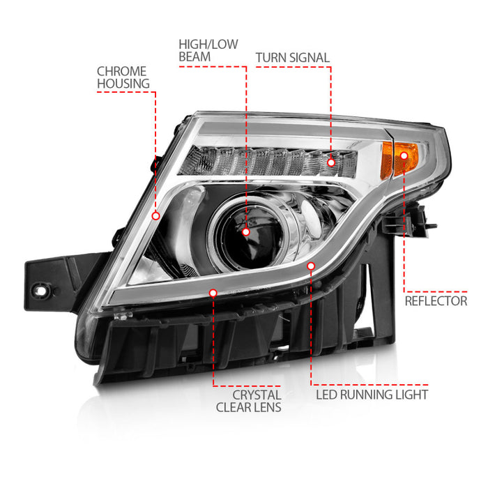 Phares de projecteur ANZO 11-15 Ford Explorer avec barre lumineuse, boîtier chromé avec lumière ambre